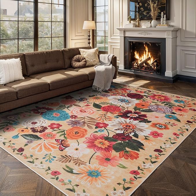 Living Room Rugs, Area Rugs 5x8 Rug for Bedroom Ultra-Thin Soft, Non-Slip Washable Rugs Stain Resistant Boho Rug Low-Pile Throw Rug for ‎Dining Room Office (5 x 8, Yellow Garden)