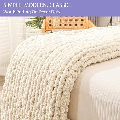 Bigacogo Chunky Knit Throw Blanket for Couch, 80x90 inches, 100% Hand Knitted with Thick Jumbo Chenille Yarn, Cozy Soft Large Rope Knot Cable Crochet Blankets for Sofa Bed Living Room, Beige