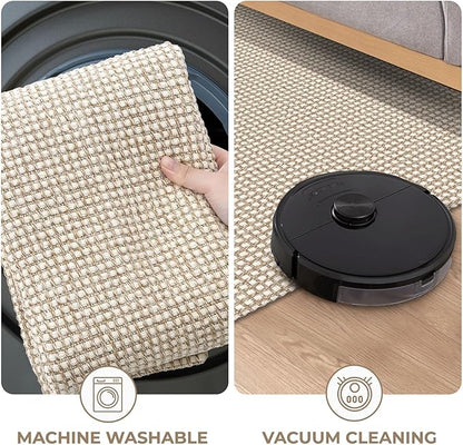 KOZYFLY Runners for Hallways 2x5 ft Washable Kitchen Runner Non Slip Rubber Backed Hall Runners Cotton Entryway Runner Rugs Floor Carpet for Indoor Backdoor Bedroom Kitchen, Ivory/Khaki