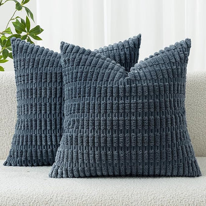MIULEE Pack of 2 Corduroy Decorative Throw Pillow Covers 16x16 Inch Soft Boho Striped Pillow Covers Modern Farmhouse Home Decor for Summer Coastal Sofa Living Room Couch Bed Blue