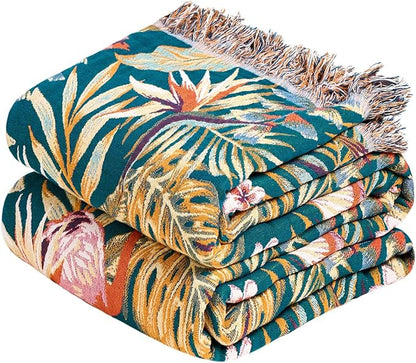 MSGKV Boho Throw Blanket for Couch 50"x60" 100% Cotton Jungle Animal Blanket Spring Breathable Lightweight Blankets for Sofa Home Decor Muslin All Seasons