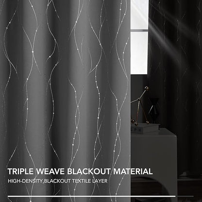 Deconovo Grey Blackout Curtains, Room Darkening Thermal Insulated Noise Reducing Drapes, Wave Dots Silver Print, 52 x 63 Inch, Grommet Window Panels for Living Room Bedroom Kids Room, Set of 2