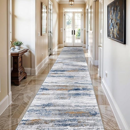 2x10 Washable Runner Rugs for Hallway: Easy-to-Clean Abstract Runners for Entryway Kitchen Dining Room- Stain and Water Resistant Rugs with Non-Slip Backing - Soft Low-Pile Carpet Navy Grey