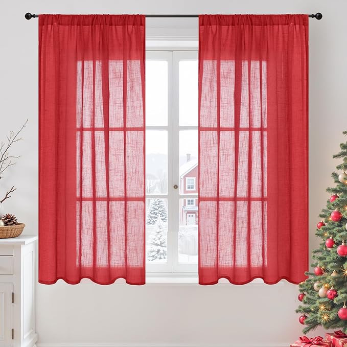 BGment Red Linen Curtains 45 Inch Length for Short Kitchen Window, Rod Pocket Semi Sheer Drapes for Office Cafe Bathroom Rustic Textured Lightweight, 2 Panels Set, Each 42 Inch Wide