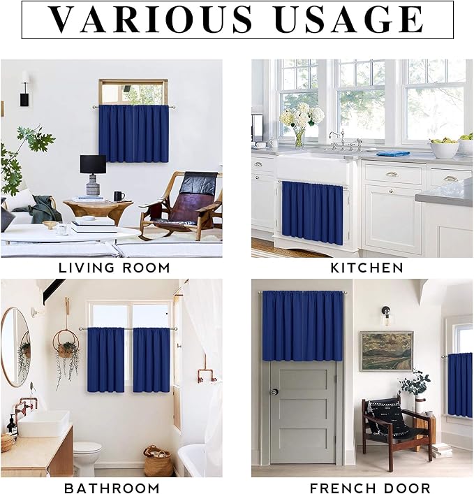 RYB HOME Short Blackout Curtains for Bedroom, Room Darkening Insulated Summer Heat Light UV Blocking Energy Saving Drapes for Nursery, Width 34 by Length 45, Marine Blue, Set of 2