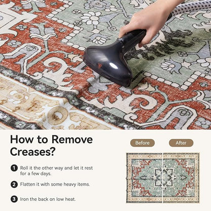 Lofus 9x12 Area Rugs for Living Room, Machine Washable Area Rug, Soft Large Rugs for Bedroom, Kitchen, Office and Indoor, Vintage Boho Carpet, Non-Slip Low Pile Carpets, Beige Orange