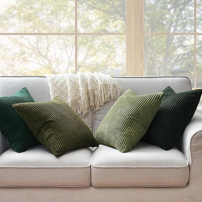 Topfinel Dark Green Euro Shams Decorative Throw Pillow Covers 22x22 Inch Set of 4,Soft Corduroy Striped Gradient Color Large Cushion Cover for Beach,Patio,Balcony,Living Room,Summer Home Decor