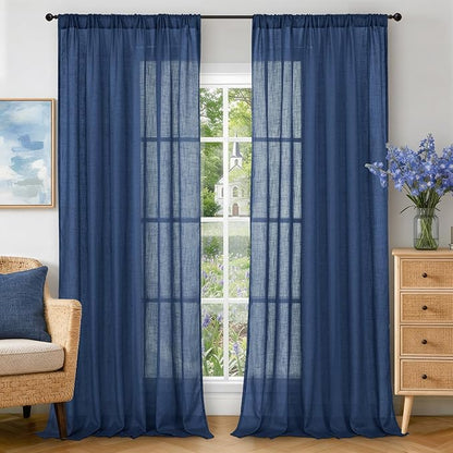 BGment Linen Navy Blue Curtains 90 Inch Length for Living Room, Semi Sheer Window Drapes Lightweight for Dining Room Bedroom Decor Light Filtering with Rod Pocket, 2 Panels Set, Each 52 Inch Wide
