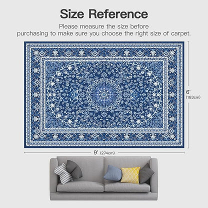 Lofus 6x9 Area Rugs for Living Room, Machine Washable Non-Slip Area Rug, Low Pile Large Rugs for Bedroom, Kitchen, Dining Room, Home Office, Vintage Oriental Print Rug, Dark Blue with White