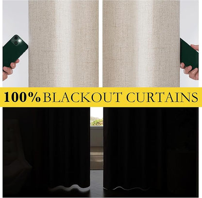 NICETOWN 100% Blackout Oatmeal Linen Curtains 95 inches Length for Dining Room, 2 Panels Set, 52" Wide, Farmhouse Style Room Cooling Window Draperies with Thermal Insulated Liners