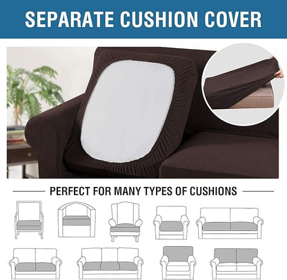 H.VERSAILTEX 4 Piece Stretch Sofa Covers for 3 Cushion Couch Covers for Living Room Furniture Slipcovers (Base Cover Plus 3 Seat Cushion Covers) Upgraded Thicker Jacquard Fabric (XL Sofa, Chocolate)