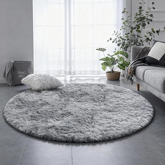 Amdrebio Tie-Dyed Light Grey Round Area Rugs for Living Room, 6x6 Ft, Soft Large Circle Rugs for Bedroom, Big Shag Fluffy Fuzzy Carpet for Kids Room, Modern Floor Circular Rug, Furry Farmhouse Rug