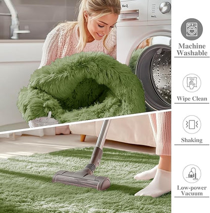 OLANLY 2x4 Machine Washable Runner Rugs for Hallway, Soft Fluffy Shaggy Bedside Rugs for Bedroom, Living Room, Indoor Floor Carpet for Kids Girls and Boys, Home Decor Aesthetic, Green
