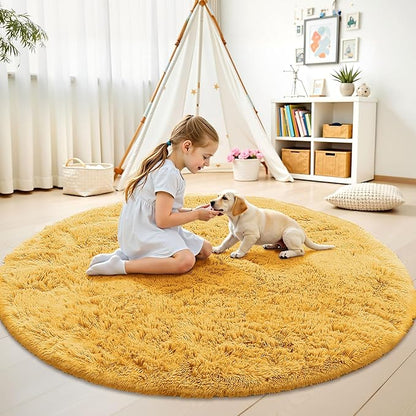 OLANLY Mustard Yellow Round Rugs for Bedroom - Machine Washable, 5 ft Circle Area Rugs for Living Room, Soft and Fluffy Shaggy Carpet for Teen Girl and Boys, Nursery Rooms, Dorms, Home Decor Aesthetic