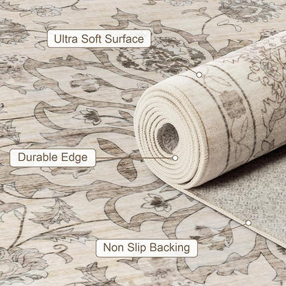 3x5 Area Rugs Living Room Rug: Washable Vintage Distressed Floral Rug No Slip Stain Resistant Soft Carpet Indoor Floor Large Carpets for Bedroom Dining Room Farmhouse Nursery Home Office Brown Beige