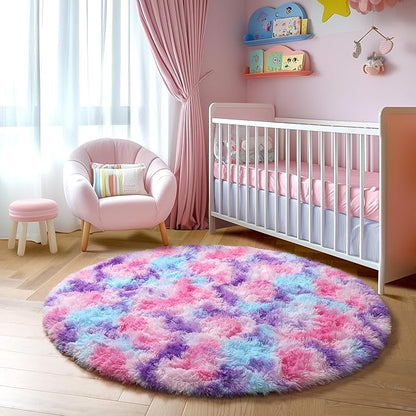 Amdrebio Hot Pink Rainbow Round Circle Area Rug 4Ft for Girls Bedroom, Fluffy Cute Fuzzy Colorful Pastel Kids Rugs for Nursery Playroom Classroom, Unicorn Shag Princess Carpet for Baby Toddler Teen
