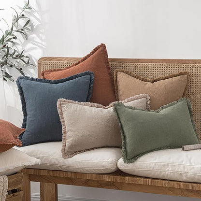 MIULEE Decorative Throw Pillow Covers Neutral Linen Fringe Throw Pillows Set of 2 Natural Linen Boho Farmhouse Cushion Covers with Tassels for Couch Sofa Bed Spring Home Decor 26x26 Inch