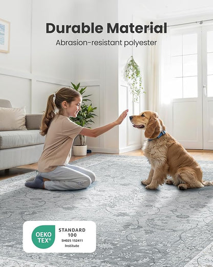 AMADA HOMEFURNISHING 9x12 Area Rugs, Washable Living Room Rug with Non-Slip Backing, Low Pile and Durable Edge Binding, Soft Vintage Floral Rugs for Living Room, Bedroom, Dining Room