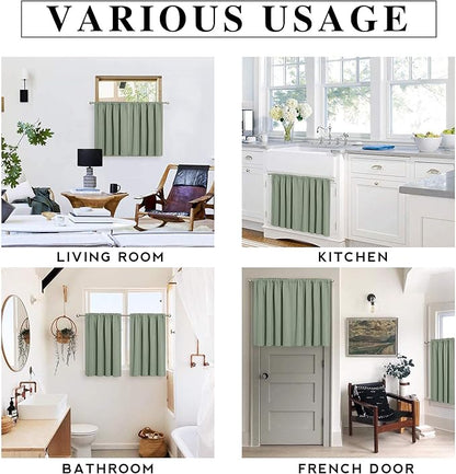 RYB HOME Blackout Bathroom Window Curtains, Short Thermal Insulated Heat Blocking Rod Pocket Half Window Curtain Tiers for Nursery Bedroom, Width 42 by Length 30, Greyish Green, 2 Panels