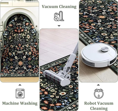 Yamaziot Washable Runner Rug 2x8 – Boho Non Slip Floral Hallway Runner Rug with Rubber Backing, Low Pile Distressed Carpet for Kitchen, Laundry, Bedroom, Entrance, Colorful Black
