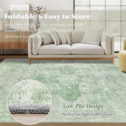 Area Rug 10x14 Washable Rug, Vintage Boho Medallion Rugs Non-Slip Soft Low Pile Large Distressed Rug Indoor Retro Carpet for Living Room Bedroom Dining Room Home Office (SageGreen, 10'x14')