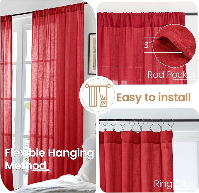 BGment Red Linen Curtains 45 Inch Length for Short Kitchen Window, Rod Pocket Semi Sheer Drapes for Office Cafe Bathroom Rustic Textured Lightweight, 2 Panels Set, Each 42 Inch Wide