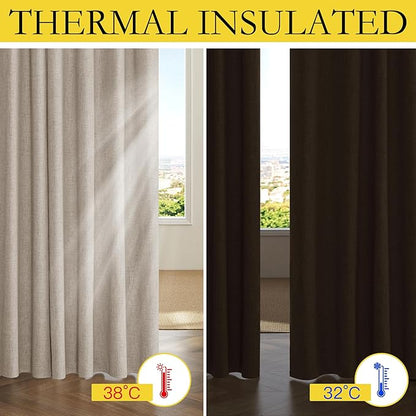 NICETOWN Oatmeal Full Blackout Boho-Chic Linen Curtains 84 inch Long 2 Panels Set for Cafe Window, 42 inch Wide, Thick Linen Blend Drapes, Insulated Window Covers Draperies with White Backing