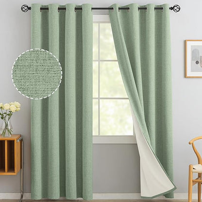 Yakamok Light Sage Green Linen Curtains 100% Blackout 90 Inches Long,Room Darkening Textured Curtains for Living Room Thermal Grommet Bedroom Curtains 2 Panels with White Liner