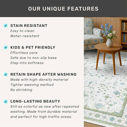Blue and Green Washable Rugs 3x4 - Vintage Boho Floral Pastel Cream, Washable Low Pile Non Slip Small Throw Accent Area Rug for Bathroom, Door Mat Indoor Entrance, Kitchen, Bedroom Beside Bed Decor