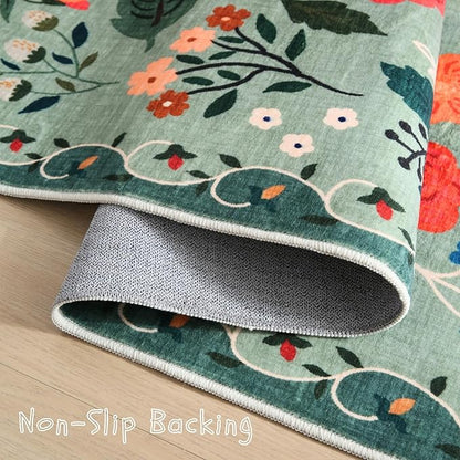 Rugcomf Area Rug 4x6 Rug Washable Boho Rugs Non Slip Low Pile Floral Small Carpet for Bedroom, Bedside, Kids Room, Office, Dining Room(Green)