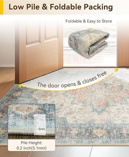 RELEANY Area Rugs 6'x9' Washable Non-Slip, Floral Vintage Distress Print Pattern Medallion Carpet for Living Room Bedroom Dining Room, Blue Orange Red