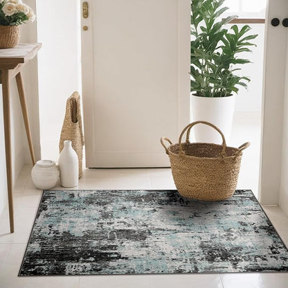 Washable Area Rugs 3'x5' Non-Slip Modern Abstract Soft for Living Room Entryway Bedroom Nursery, Print Pattern, Blue Black Teal
