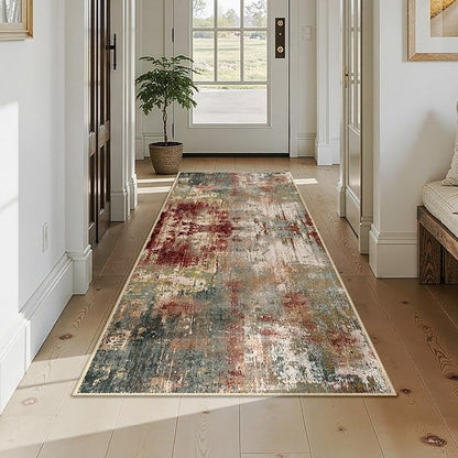 Washable Area Rugs 3x7 Non-Slip Modern Abstract Soft for Living Room Entryway Bedroom Nursery, Print Pattern, Brown Rust Red Green Blue Multi