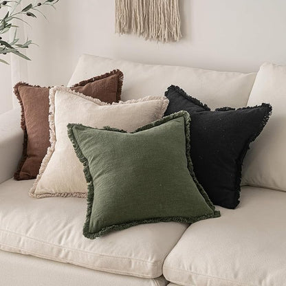 MIULEE Decorative Throw Pillow Covers Neutral Linen Fringe Throw Pillows Euro Shams Set of 2 Black Boho Farmhouse Cushion Covers for Couch Sofa Bed Living Room Spring Home Decor 24x24 Inch