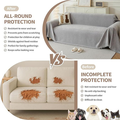 Couch Cover for Dogs, Boho Sofa Covers for 3 Cushion Couch, Chenille Sofa Slipcover for Pets Washable, L-Shape Sectional Couch Loveseat Cover Soft Throw Blankets with Tassels(91x134,Grey)