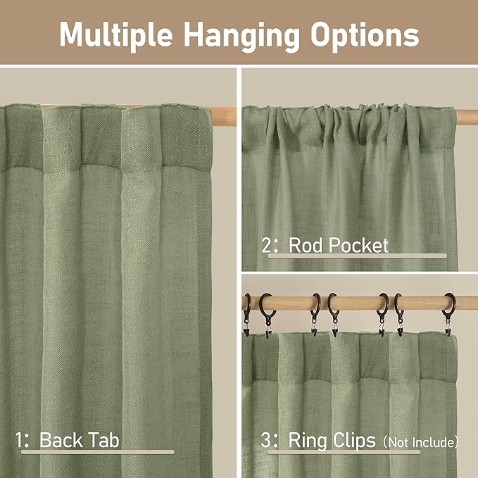 LAMIT Sage Green 72 inch Linen Curtains for Living Room 2 Panels, Linen Textured Light Filtering Semi Sheer Back Tab and Rod Pocket Window Curtain Panels for Bedroom/Farmhouse, 52 x 72 Inch