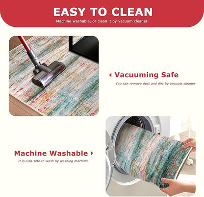KOZYFLY Modern Abstract Small Area Rugs, 2x3 Washable Kitchen Rug Non-Slip Soft Small Bathroom Rug, Green Striped Entryway Rugs Abstract Print Faux Wool Doormat for Bedside Entrance Bedroom Sink