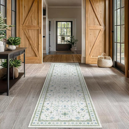 Hazo Haus Oushak 3x16 Wide Hallway Runner Rug - Vintage Turkish Floral, Washable Low Pile Non Slip 16ft Extra Long Runners for Large Kitchen, Hall Way - Light Blue and Green Décor