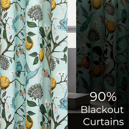 Topfinel 94 Inches Long Custom Floral Curtains Unique Cottagecore Whimsical Vintage Pretty Fun Flower Hummingbird Patterned Double Sided Grommet Print Drapes for Bedroom Living Room Dining Mint Green