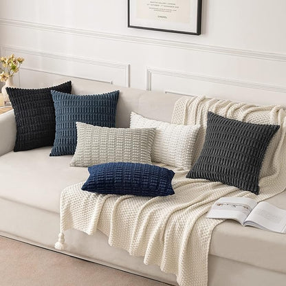 MIULEE Pack of 2 Corduroy Decorative Throw Pillow Covers 16x16 Inch Soft Boho Striped Pillow Covers Modern Farmhouse Home Decor for Summer Coastal Sofa Living Room Couch Bed Blue