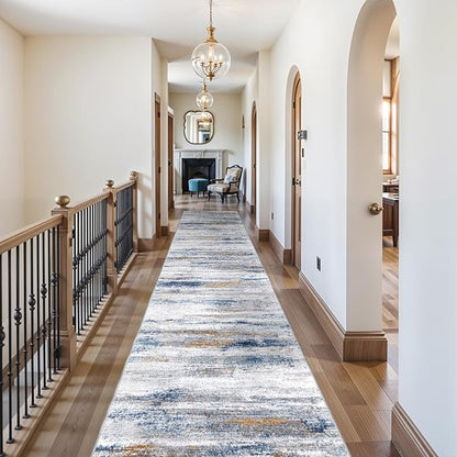 3x20 Washable Hallway Runner Rug: Extra Long Runners for Entryway Living Room Dining Room - Stain and Water Resistant Rugs with Non-Slip Backing - Soft Low-Pile Carpet 20ft Navy Grey