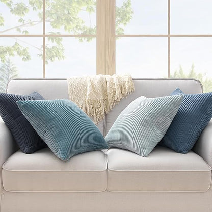 Topfinel BlueGray Throw Pillow Covers 18x18 Inch Set of 4,Soft Accent Corduroy Decorative Cushion Cover,Square Modern Pillow Case for Beach,Patio,Balcony,Living Room,Summer Gradient Shams Home Decor