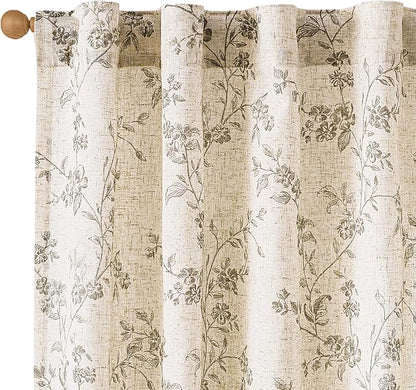 Lazzzy Grey Floral Linen Curtains 90 Inch Farmhouse Back Tab Drapes for Living Room Bedroom Light Filtering Vintage Grandmillennial Rod Pocket Curtains, 2 Panels, W38 x L90, Grey on Beige