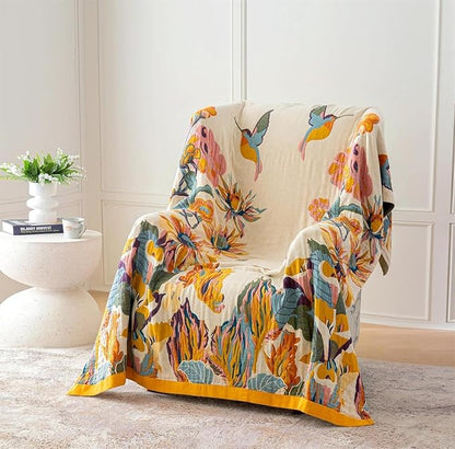 MSGKV Boho Throw Blanket Queen Size 90"x90" Cotton Blanket for Bed Spring Breathable Throw Blanket for Living Room Home Decorative