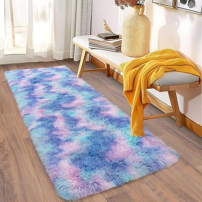 Soft Runner Rugs for Bedroom Hallways, 2x6 Purple Rainbow Fluffy Shag Throw Area Rug Non Slip for Bedside Dorm, Long Shaggy Furry Carpet for Nursery Living Room