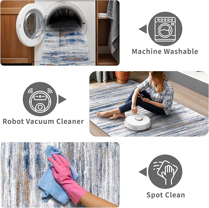 6x9 Area Rug for Living Room: Non-Slip Washable Rugs for Dining Room Bedroom Study Home Office - Easy-to-Clean Stain and Water Resistant Carpet - Soft Low-Pile Mat Navy Grey