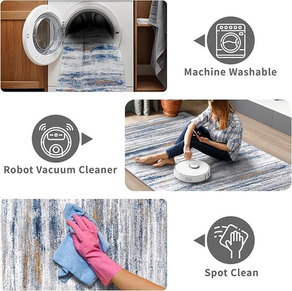 6x9 Area Rug for Living Room: Non-Slip Washable Rugs for Dining Room Bedroom Study Home Office - Easy-to-Clean Stain and Water Resistant Carpet - Soft Low-Pile Mat Navy Grey