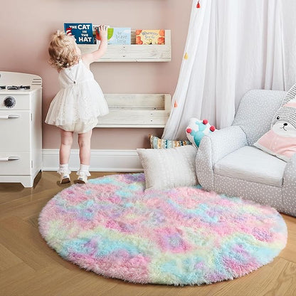 Amdrebio Rainbow Fluffy Round Rug 6Ft Kids Rugs for Girls Bedroom, Unicorn Room Decor, Colorful Pastel Plush Floor Carpet for Playroom Baby Nursery, Cute Shag Kawaii Circle Area Rug for Teen Princess