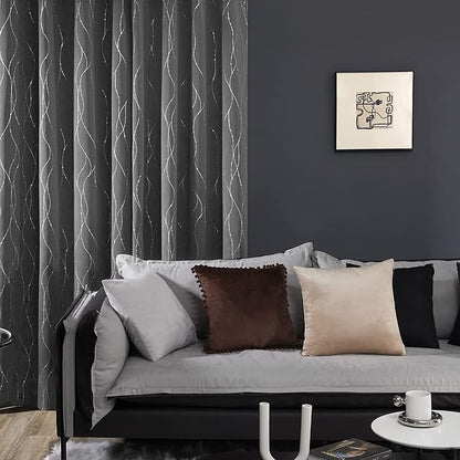 Deconovo Grey Blackout Curtains, Room Darkening Thermal Insulated Noise Reducing Drapes, Wave Dots Silver Print, 52 x 63 Inch, Grommet Window Panels for Living Room Bedroom Kids Room, Set of 2