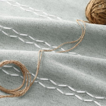 Teal Boho Blackout Curtains 90 Inches Long Light Green Linen Blend 2 Panels with Tassels and Cotton Embroidery, Farmhouse Vintage Rustic Rod Pocket Drapes for Living Room or Bedroom